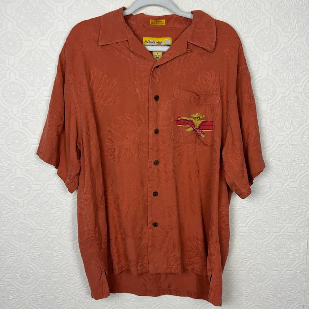 M‎ Field Reyn Spooner 100% Silk Button Up Shirt Beach Graphic Hawaii Bowling